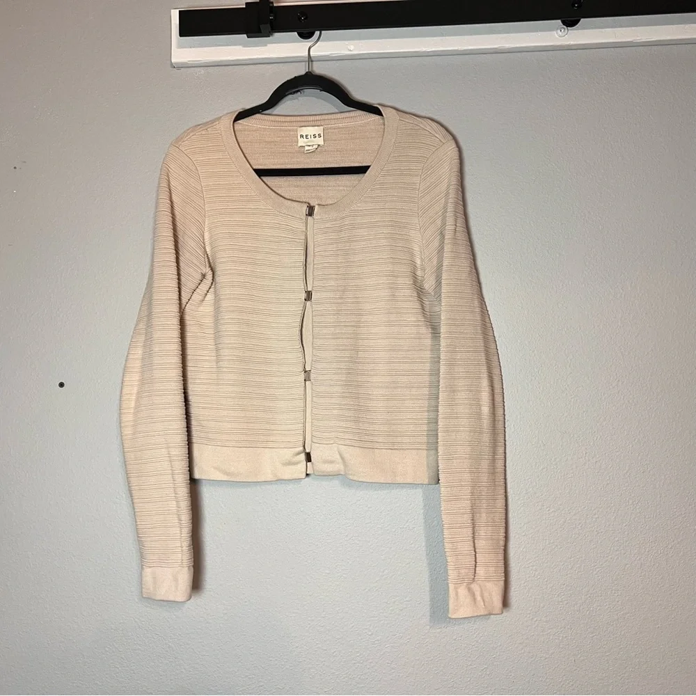 Reiss Cardigan Sweater Textured Beige Cream Clasp Front Cotton Size Medium